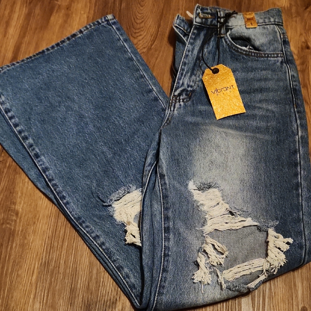 Indigo Flare Jeans with Distressed Details